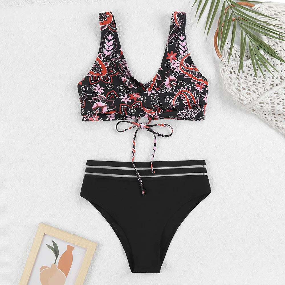 Lace Up High Waist Bikini Woman Swimsuit Women Swimwear Bathing Suit Padded Push Up Floral Print Swimsuit Women Bikini Set 3