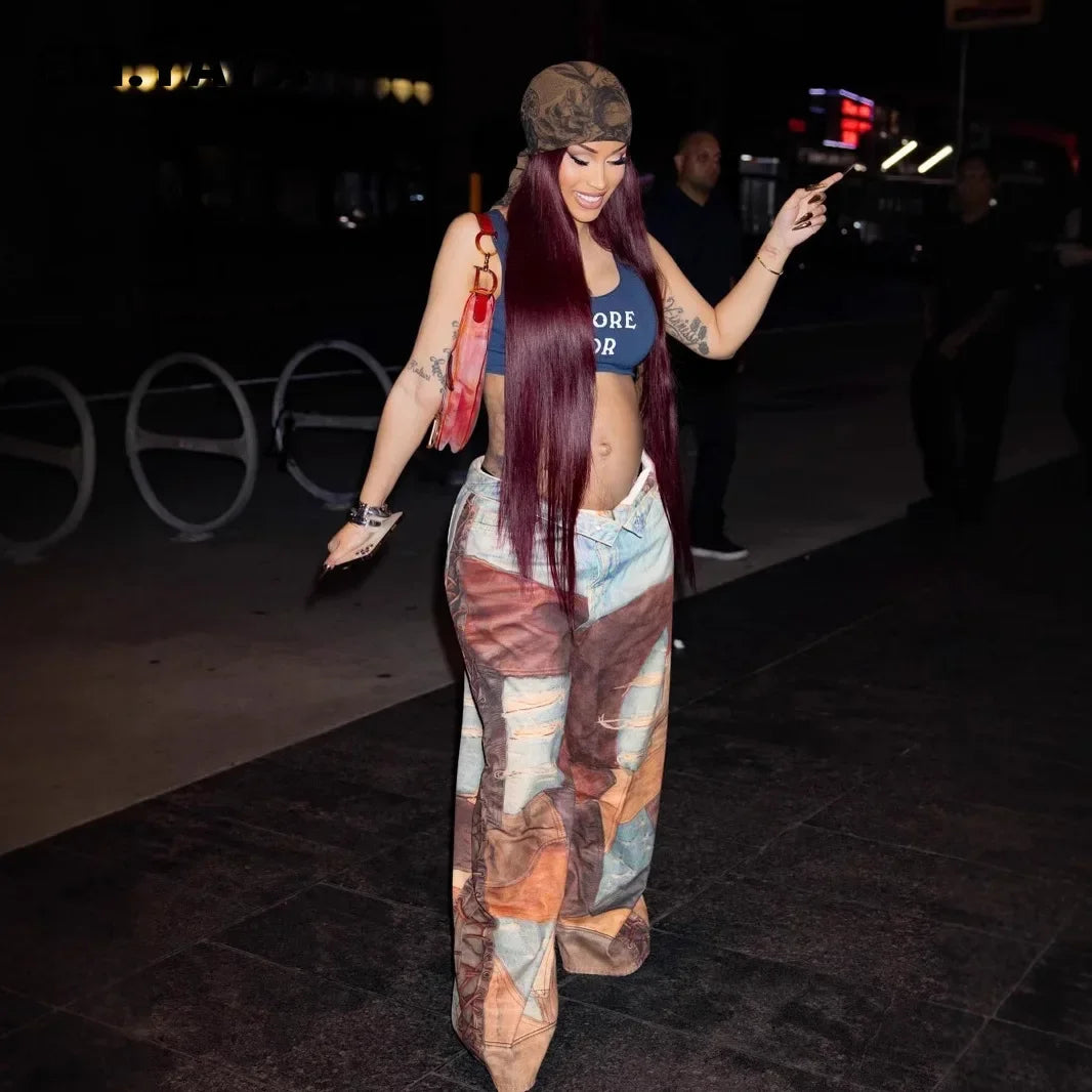 CM.YAYA Fashion Women Fake Denim 3D Print Loose Wide Leg Jogger Pants 2025 Streetwear Casual Active Hip Hop Sweatpants Trousers