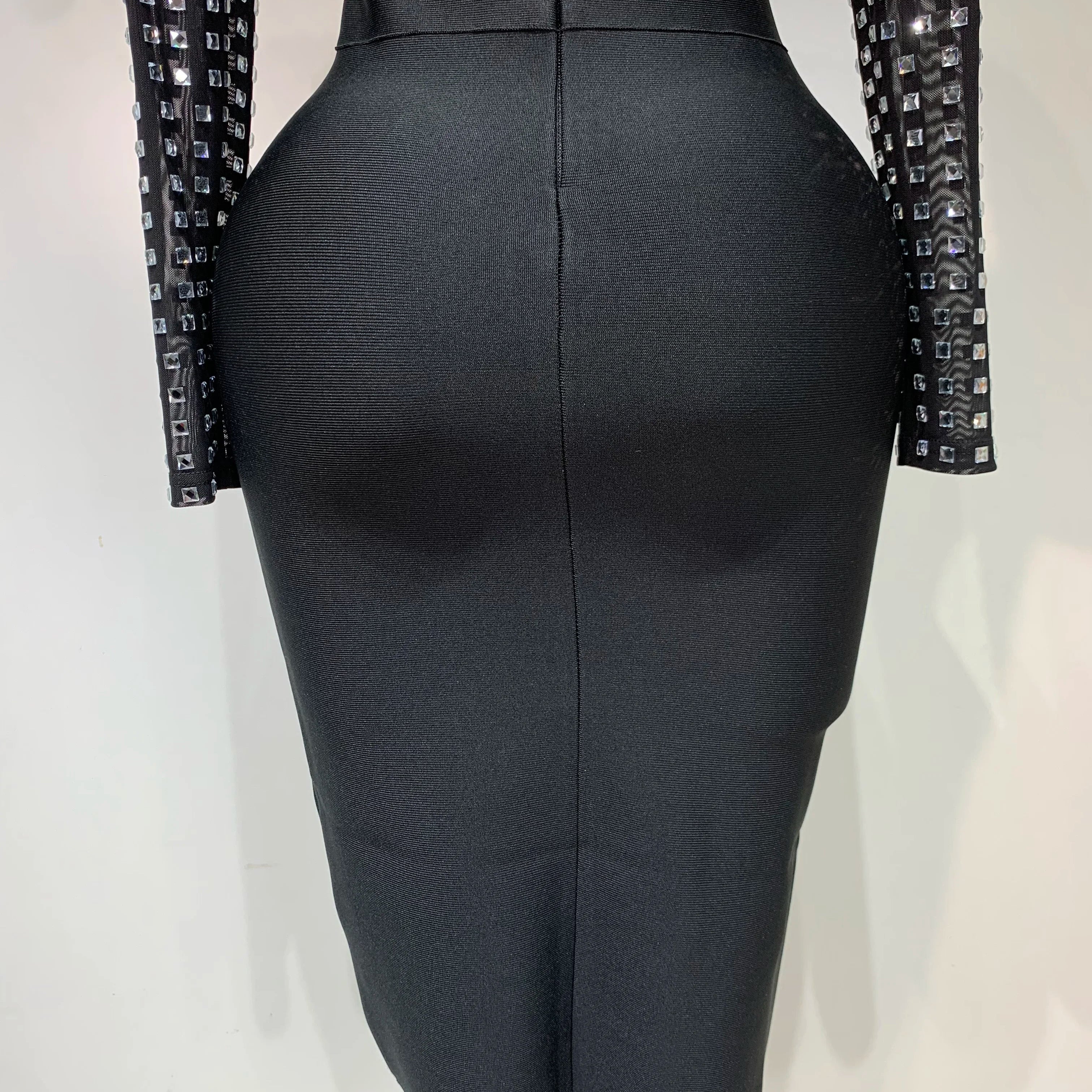 Celebrity Sexy Turtleneck Rhinestones Black Mesh Bodycon Bandage Dress Women  Elegant Evening Club Luxury Birthday Dress
