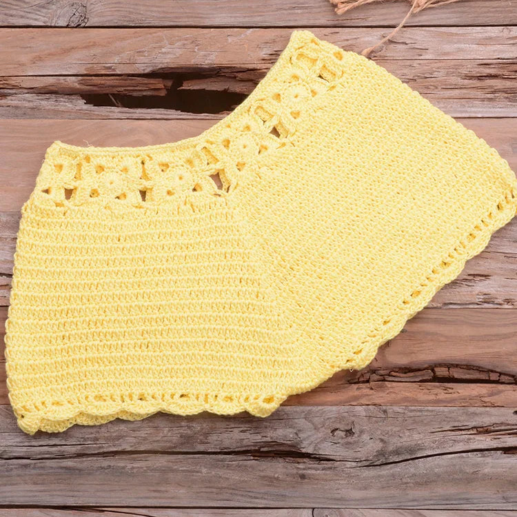 Bikini 2022 knitting Swimsuit Crochet Bikini Bohemia Style Off Shoulder High Neck Bathing Beach Bikinis Handmade Crochet Bikini Yellow Bottom