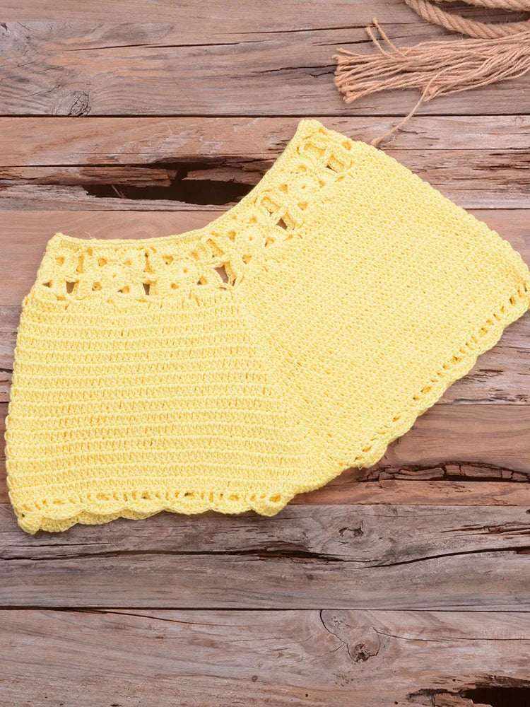 Bikini 2022 knitting Swimsuit Crochet Bikini Bohemia Style Off Shoulder High Neck Bathing Beach Bikinis Handmade Crochet Bikini Yellow Bottom