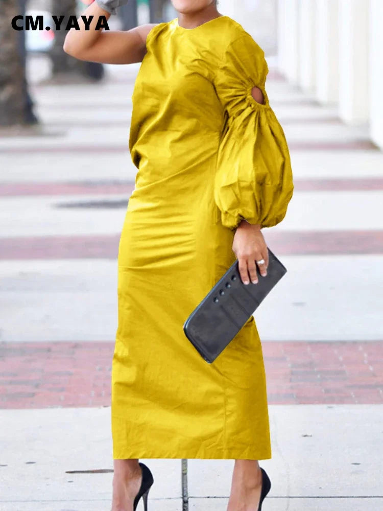 CM.YAYA Women Cutout One Long Sleeve Ruched Side Split Maxi Bodycon Midi Dress 2023 Winter Vintage Sexy Party Dresses Vestidos