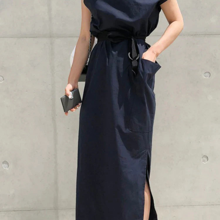 TWOTWINSTYLE Asymmetrical Sashes Dress For Women Slash Neck Short Sleeve High Waist Casual Dresses Female Fashion New Clothing