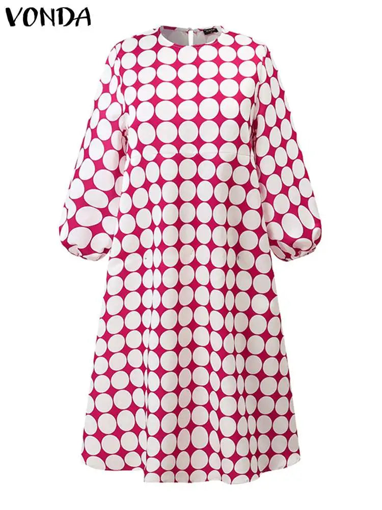 Plus Size Fashion Women Polka Dot Bohemian Dress Casual Printed Midi Sundress Summer Lantern Sleeve Loose Party Robe