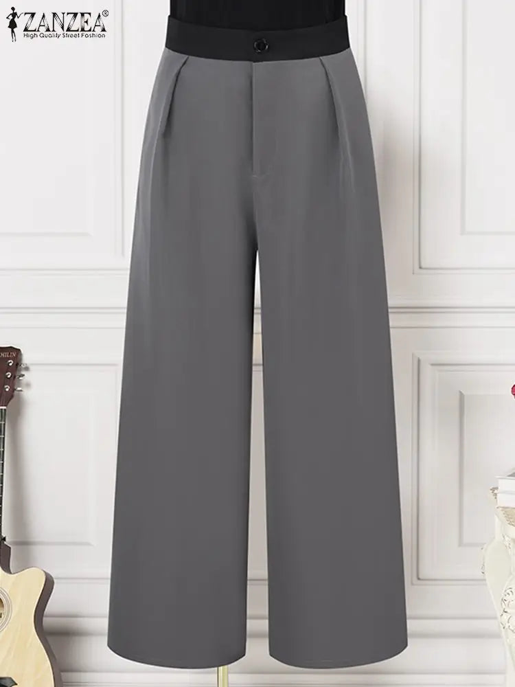 Women Pleating Pantalons Korean High Waist Pants Vintage Wide Leg Long Trouser Casual Loose Colorblock Streetwear Pants