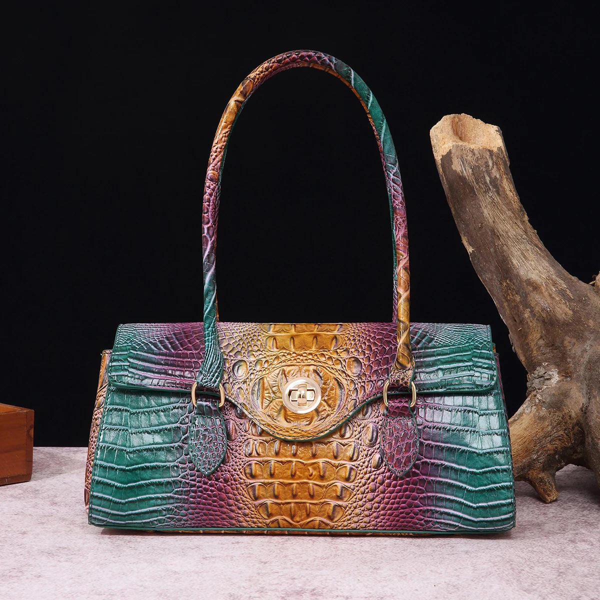 Multicolor Crocodile Pattern Fashion Handheld Stick Bag Large Capacity One Shoulder Underarm Bag Women's Luxury Handbag PeacockBlue