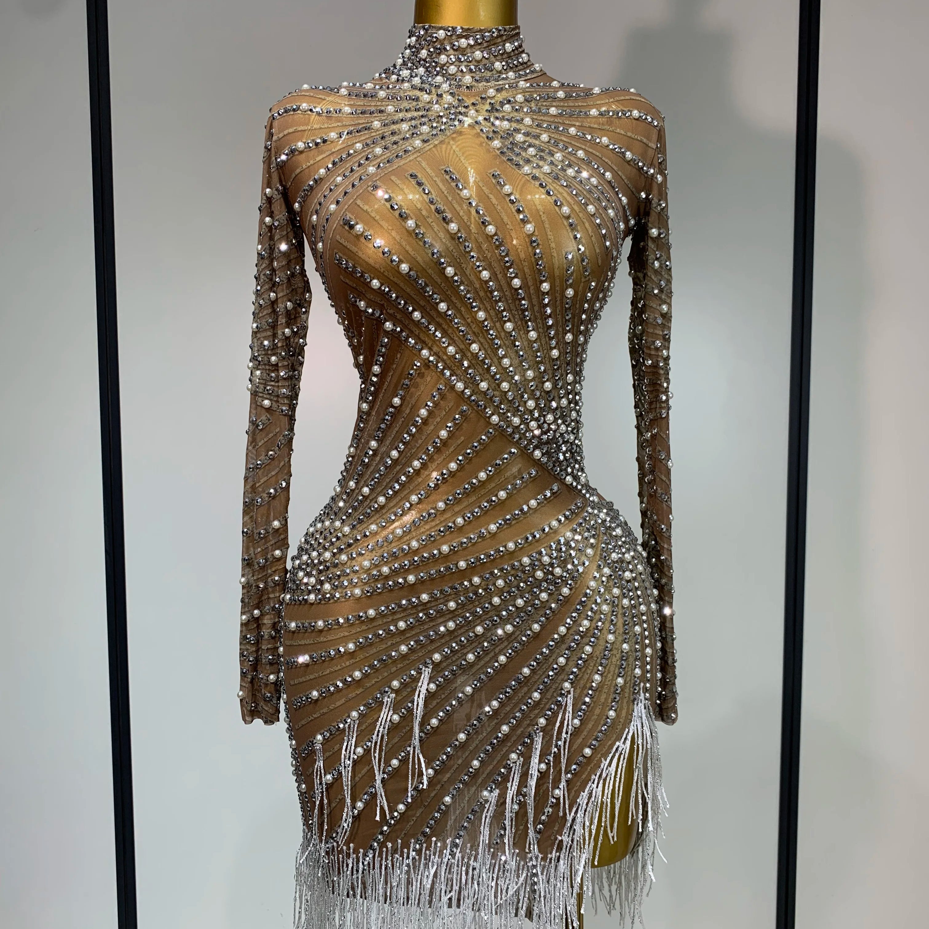 Luxury Rhinestone Tight Short Dress Women Long Sleeve Evening Party Prom Gown Birthdy Nightclub Performance Costume Stage Outfit