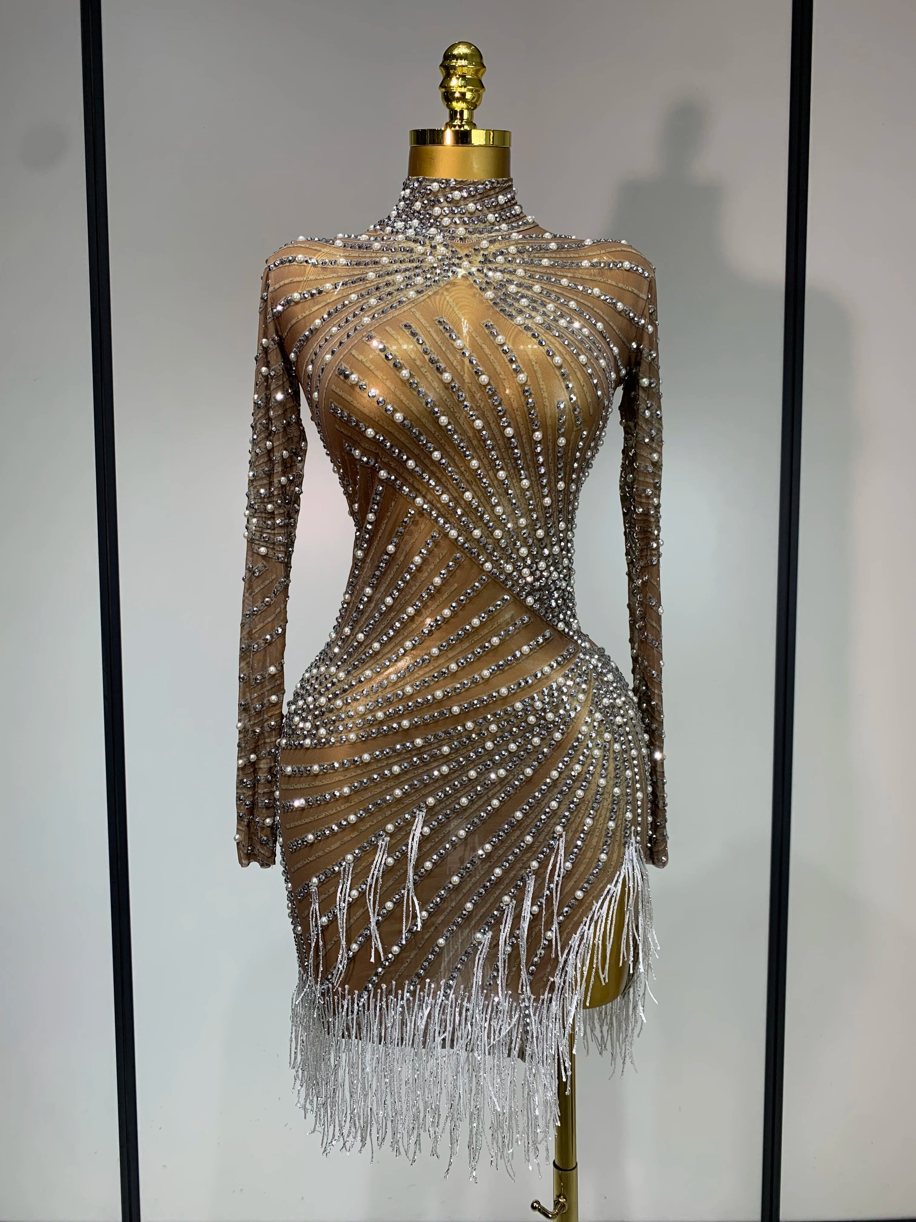 Luxury Rhinestone Tight Short Dress Women Long Sleeve Evening Party Prom Gown Birthdy Nightclub Performance Costume Stage Outfit