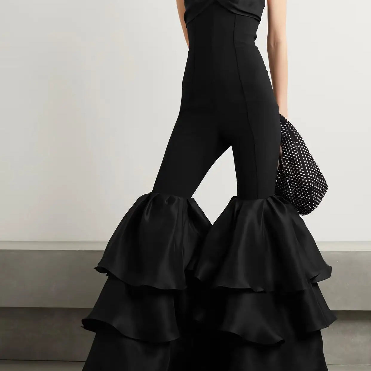 New Arrival Stylish Flare Pants Strapless Black Bandage Jumpsuit Woman Fashion  Party Outfit Nightclub Performance Costume