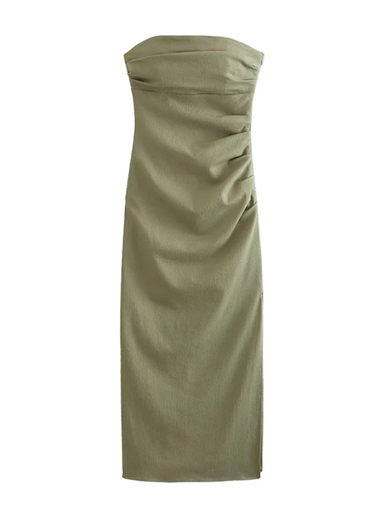 Fashion Dress Summer Women Midi Chic Ruched Elegant Tube Top Tight Holiday Dress Street Comfortable Solid Women Dresses