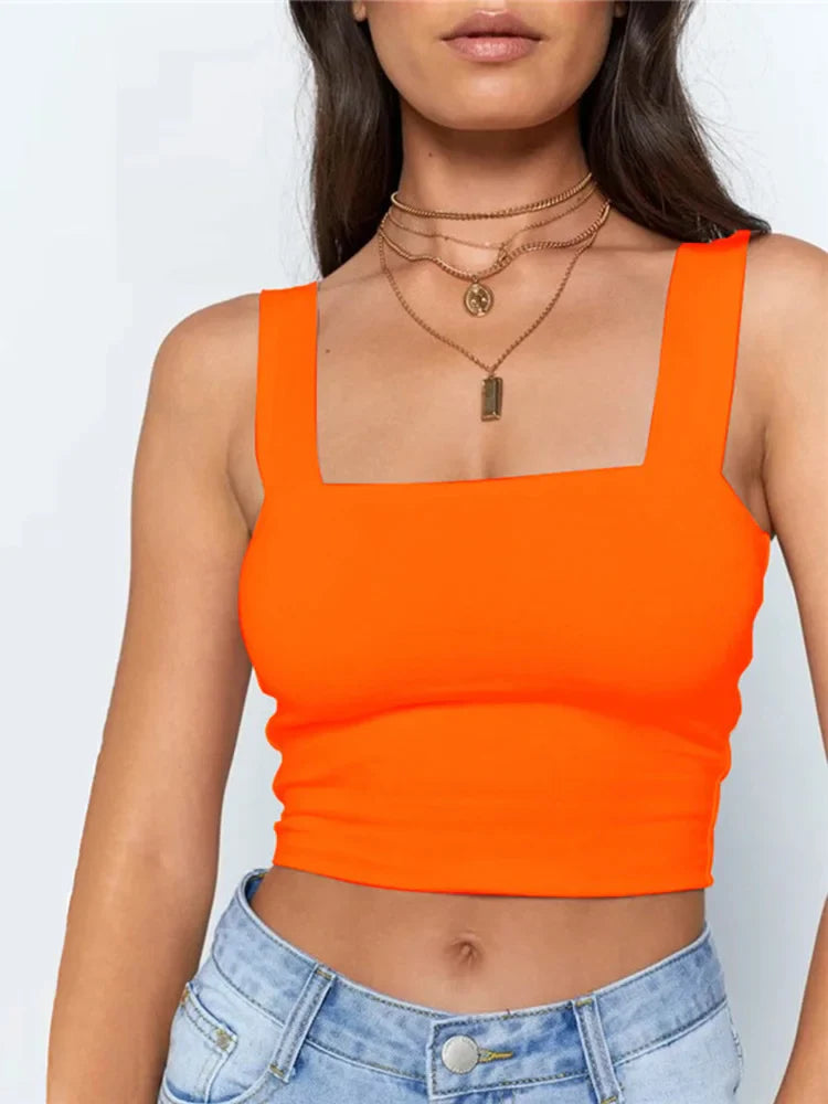 Square Neck Sleeveless Summer Crop Top White Women Black Casual Basic T Shirt Off Shoulder Cami Sexy Backless Tank Top Orange