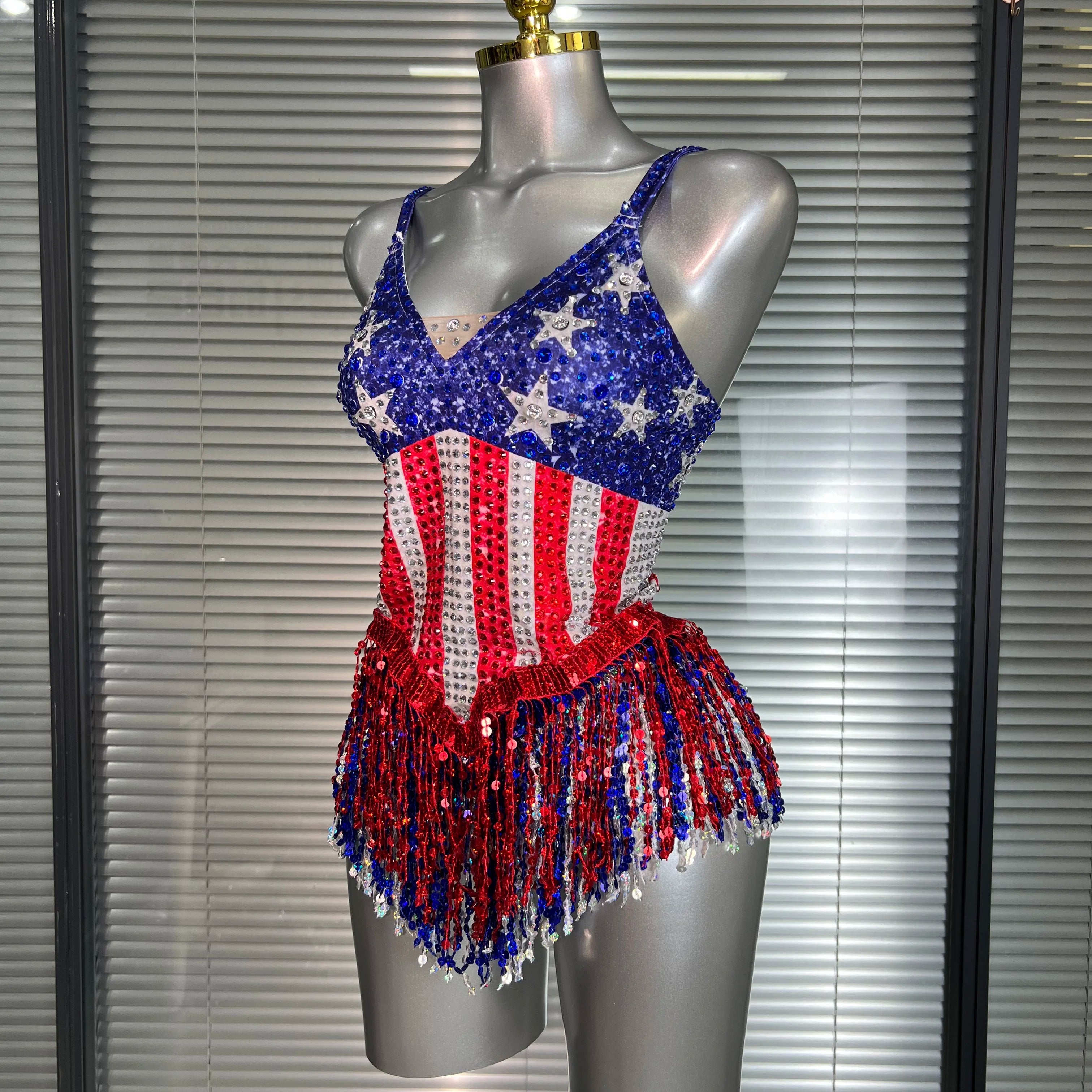 Women Sexy Tassel Crystal Stretched Night Club Circus Dancer USA Flag Stage Costume Party Bodysuit