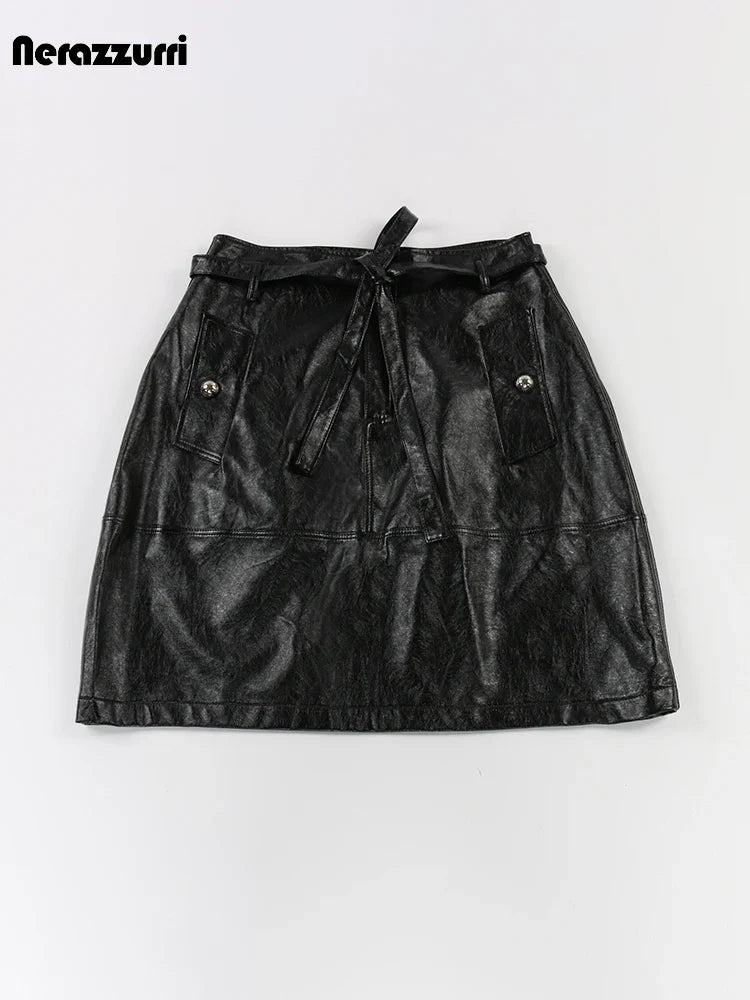 Summer Autumn Gold Shiny Faux Leather Skirt Women with Sashes A Line Korean Style Clothes Streetwear 2023 Runway Fashion black