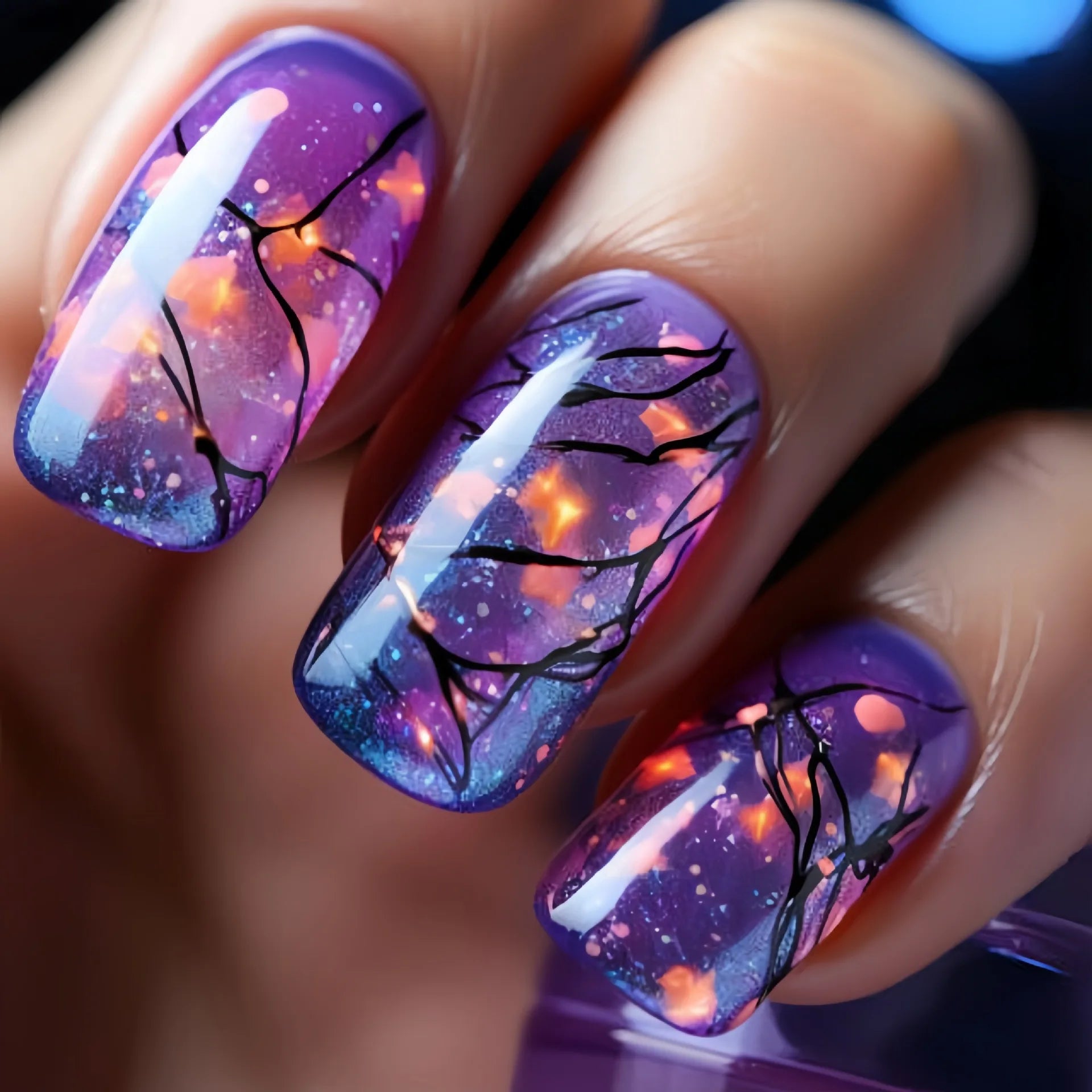 24pcs/set fake nails short middle ballet square nail tips Dreamy colors flowers clouds forest design press on false nails art