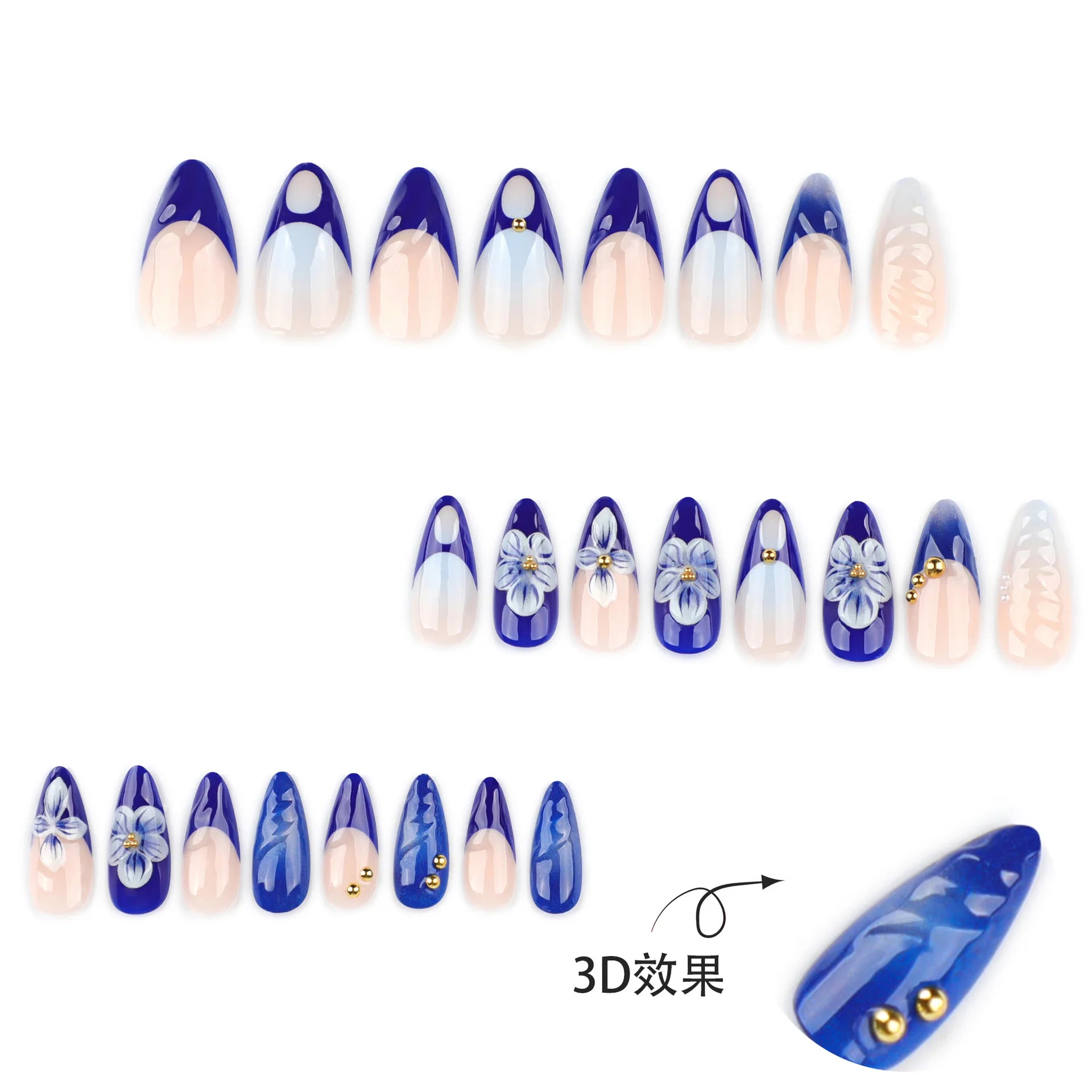 24pcs 3D Flower Design Press on Nails Blue French Almond False Nail Tips for Women Wearable Reusable European Fashion Fake Nails
