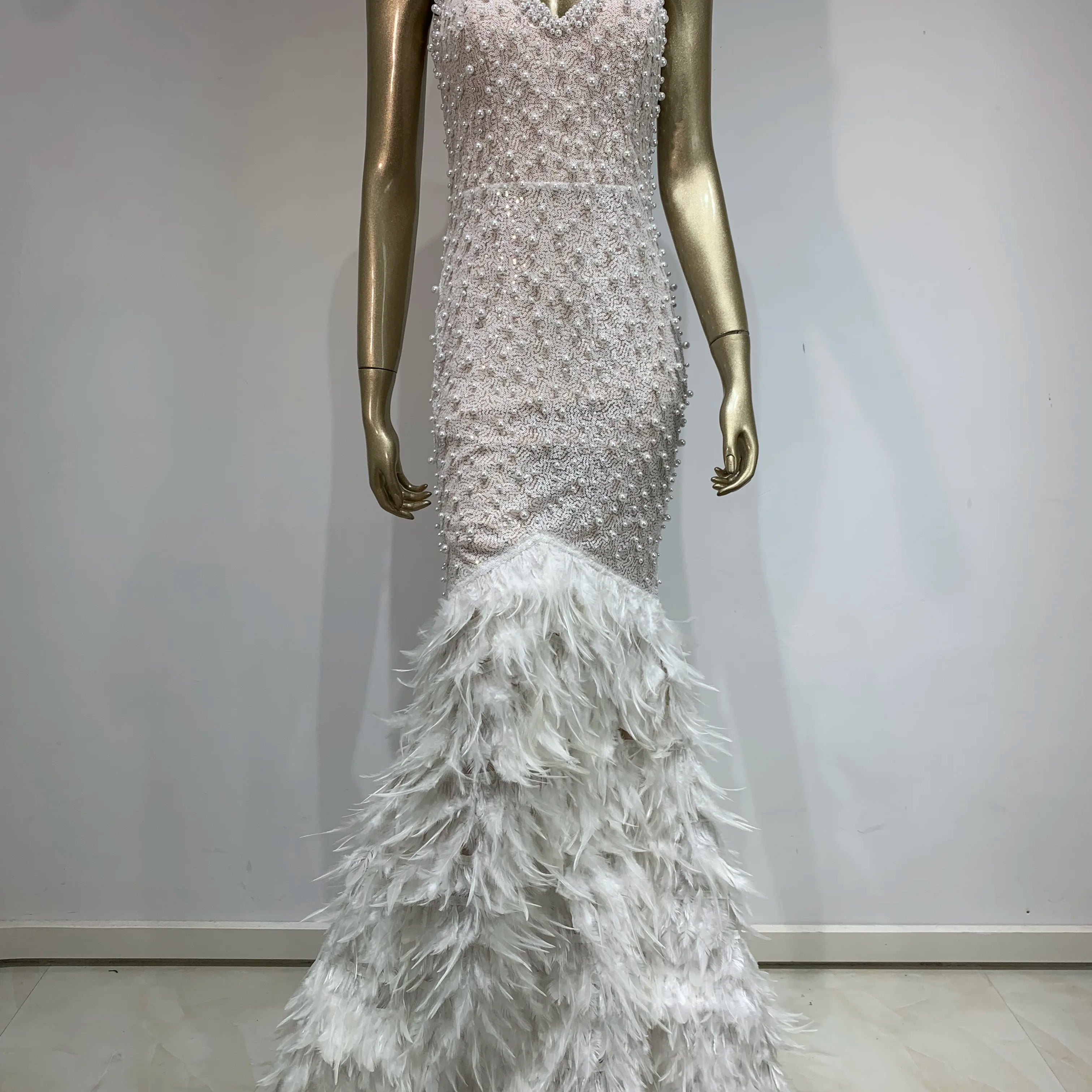 Women Celebrity Sexy V Neck Pearl Sequins Feather Maxi Long  Dress 2024 Elegant Party Evening Stage Performance Dress Vestido