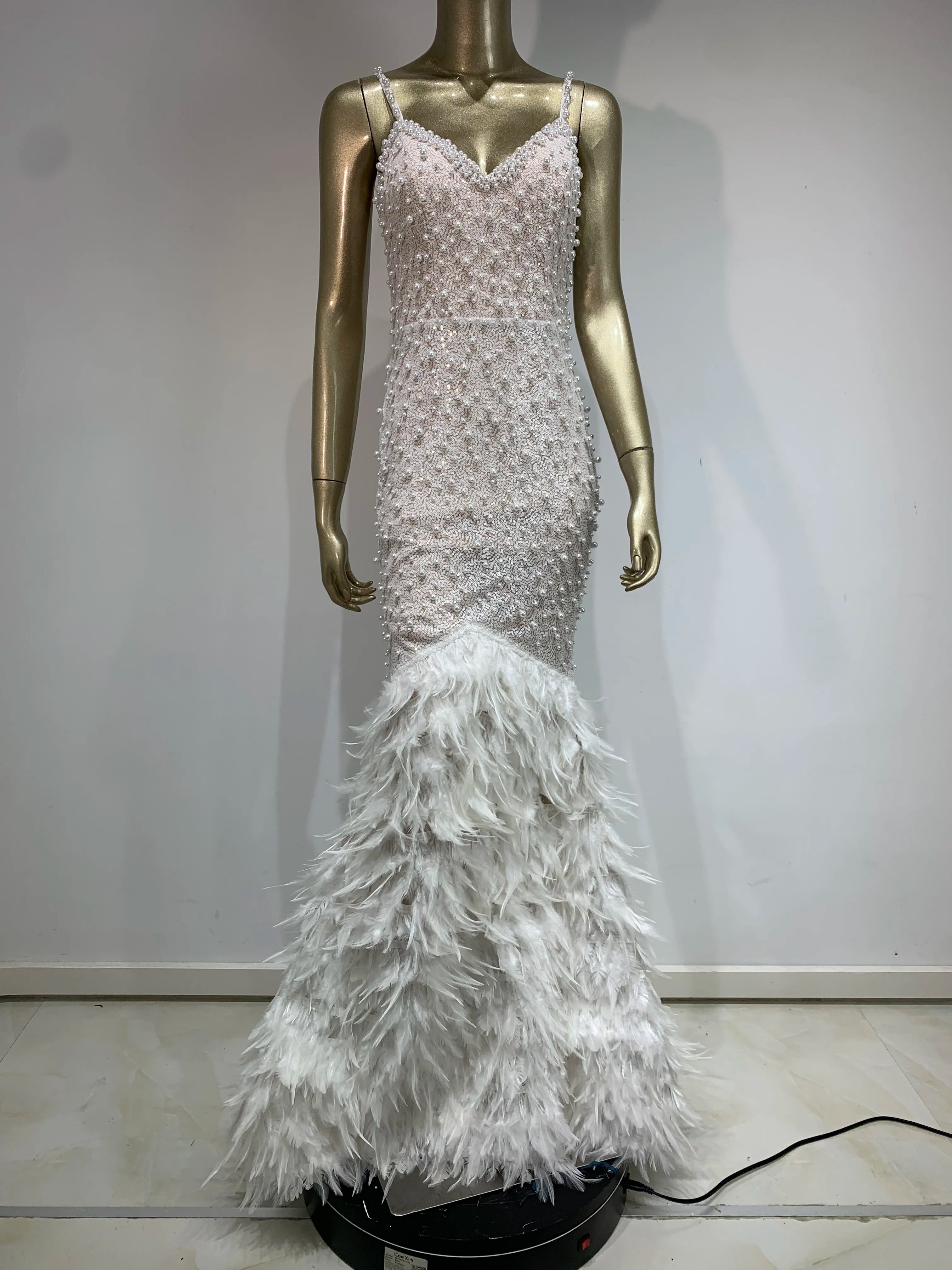 Women Celebrity Sexy V Neck Pearl Sequins Feather Maxi Long  Dress 2024 Elegant Party Evening Stage Performance Dress Vestido