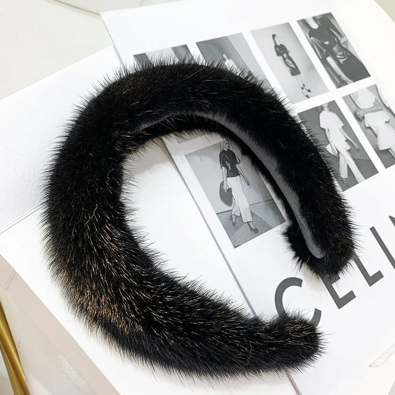 Hot Sale Women Luxury winter 100% Real Mink Fur Headbands High Quality Real Fur Hair Band Lady Fashion Hair Hoop Furry Gift Black