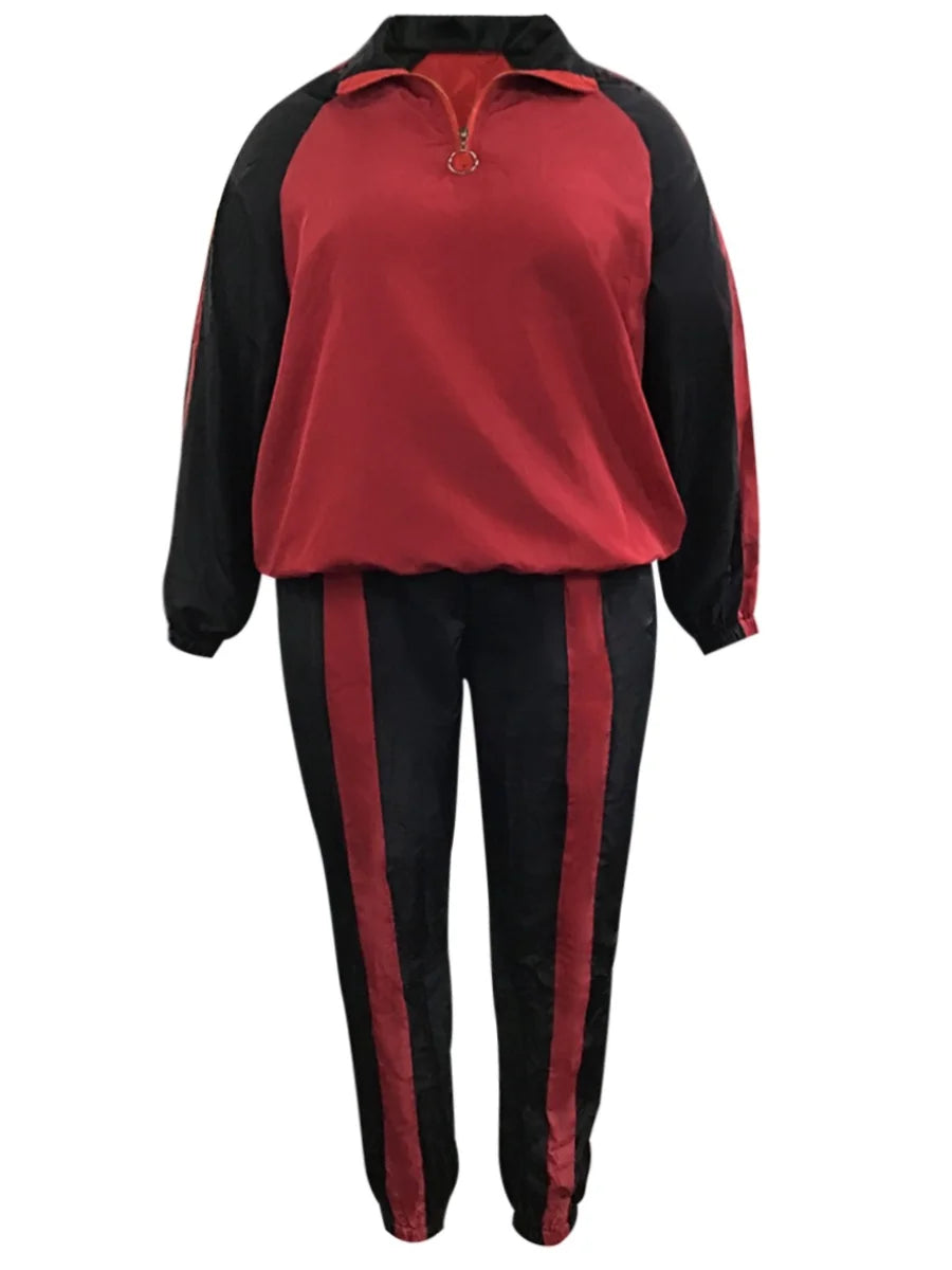 4XL 5XL LW Plus Size Striped Patchwork Zipper Design Pants Set Autumn&Winter Women Mandarin Collar Pocket Tracksuit Set