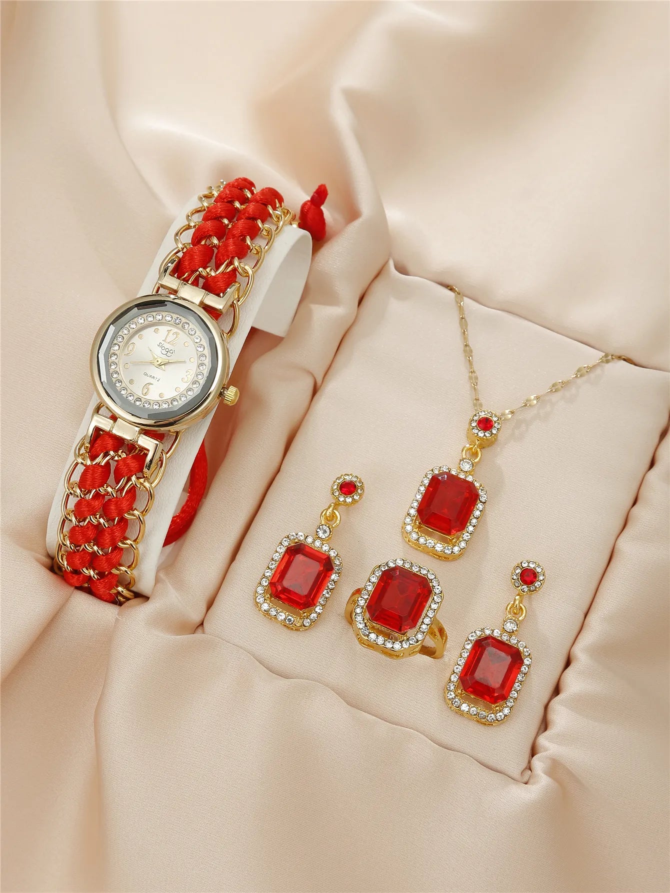 5PCS Women Knitting Rope Chain Winding Analog Quartz Movement Wrist Watch Fashionable Simple Style Quartz Wristwatch Red