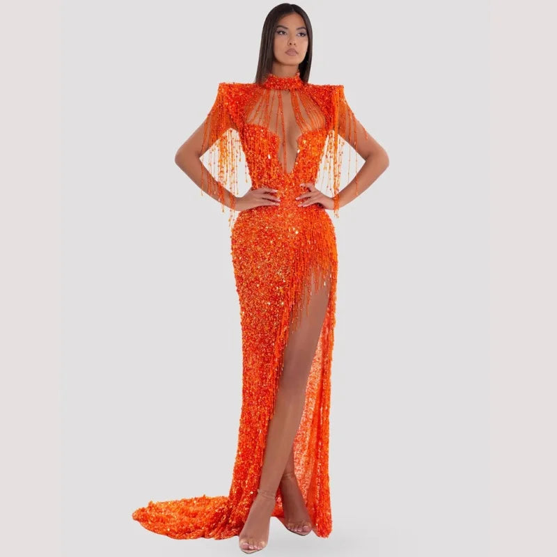 New Arrival Orange Sequins Bead Tassel Hollow Out High Slit Floor Lenght Dress Woman Birthday Party Dress Stage Performance Cos