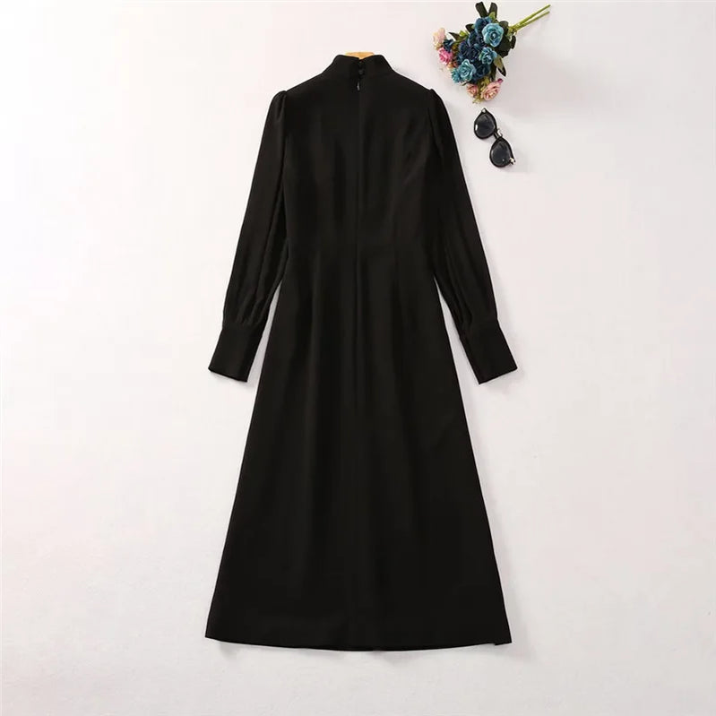 Solid Slimming Spliced Bead Dresses for Women High Neck Lantern Sleeves Temperament Long Dress Female Clothing New