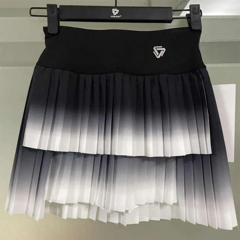 Women Gradient Double Layer Pleated Skirt Sports Golf Tennis Skirts Gym Fitness Running Yoga Soft Short Athletic Workout Skort NSRF2401601 Black