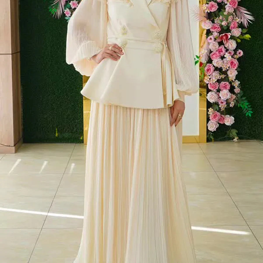 Slimming Two Piece Sets for Women Lapel Long Sleeves Spliced Double Bteasted Top Patchwork Mesh Skirt Female New