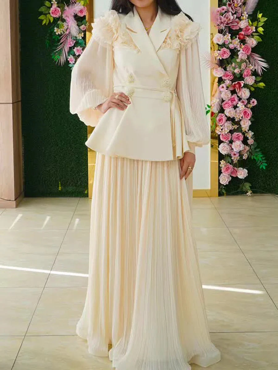 Slimming Two Piece Sets for Women Lapel Long Sleeves Spliced Double Bteasted Top Patchwork Mesh Skirt Female New