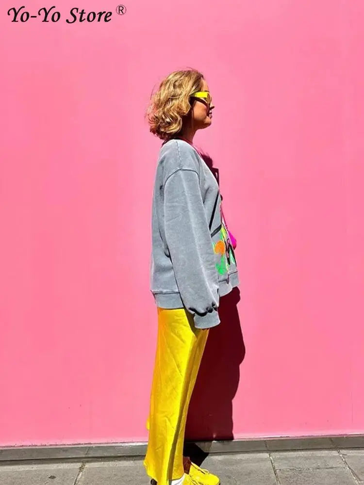 Cartoon Contrast Printed Sweatshirts Women Loose O-neck Long Sleeve Pullovers Female Autumn Fashion Casual Ladies Top