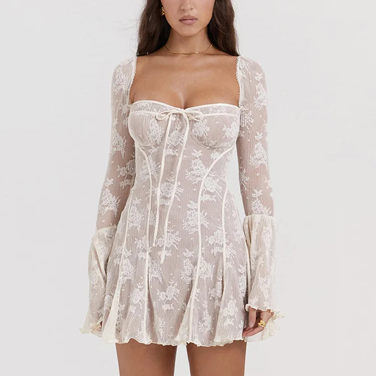 Elegant Print Mini Dress For Women Autumn Winter Square Collar Long Sleeve Backless Loose Club Party Sexy Dress