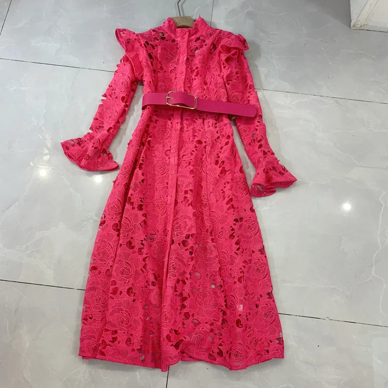 LGRQ Elegant High Quality Lace Embroidery Pattern Design Women's Dresses Evening Belt New Hollow Out Luxury Fashion 19F1371 Rose Pink