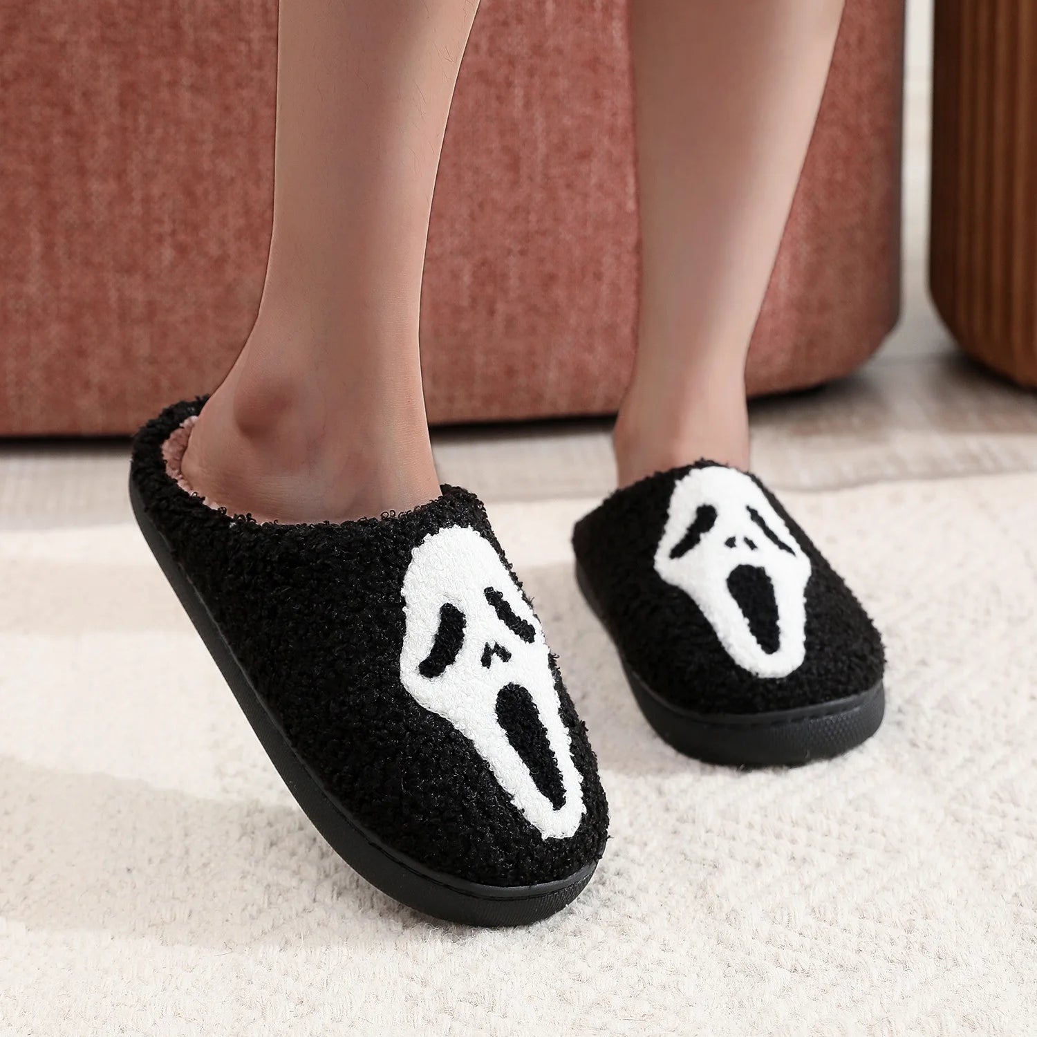 Winter Warm Plush Slippers Women's Halloween Black Ghostface Home Cotten Slippers Men Flip Flops Indoor Floor Slippers Gifts black