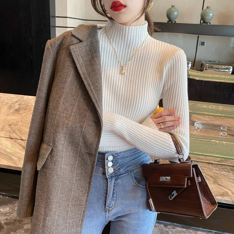 Elegant Solid Basic Knitted Tops Women Turtlneck Sweater Long Sleeve Casual Slim Pullover Korean Fashion Simple Chic Clothes A Uniform size