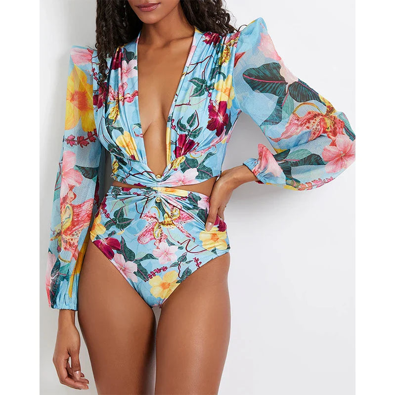 New Sexy One Piece Swimsuit Deep V Neck Swimwear Woman Monokini Long Sleeves Print Cut Bathing Suit Women Summer Beach Wear NO3