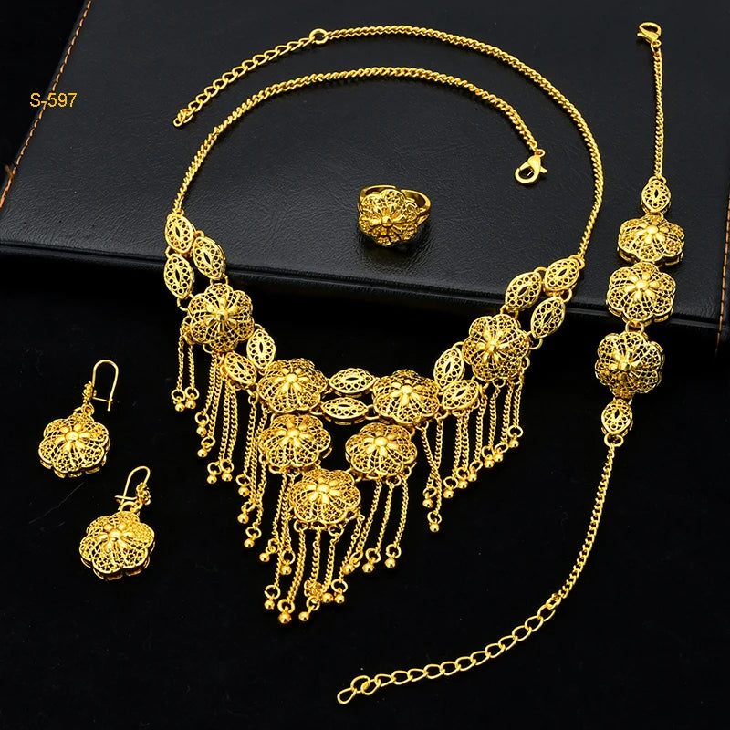 Ethiopian Tassel 24k Gold Plated Jewelry Sets For Women Arabic Wedding Indian Bridal Dubai Necklace And Earring Set Gifts