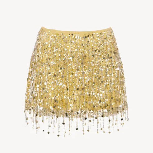 Y2K Tassel Sequin Mini Skirt Sets Women Crop Backless Sling Vest Short Hip Package A-line Skirts 2025 Summer Party Club Outfits