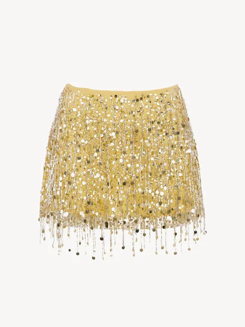 Y2K Tassel Sequin Mini Skirt Sets Women Crop Backless Sling Vest Short Hip Package A-line Skirts 2025 Summer Party Club Outfits