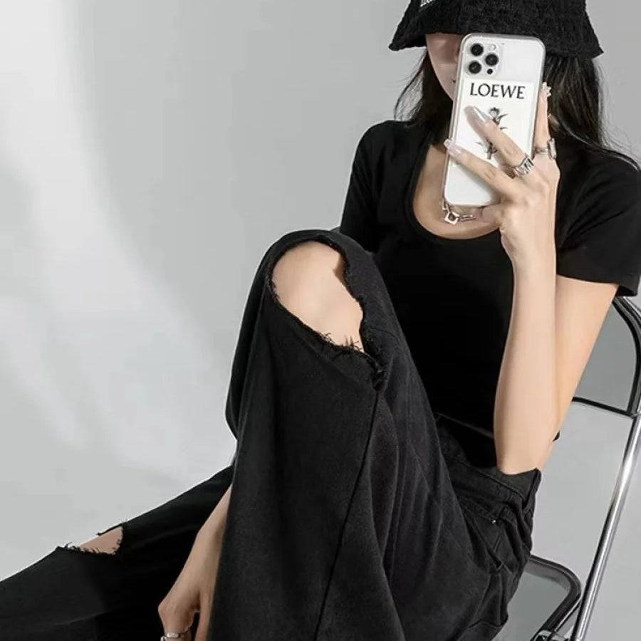 Black Ripped Jeans Women Summer New Straight Y2k Jeans Korean Fashion Women Pants High Waist Wide Demin Pant