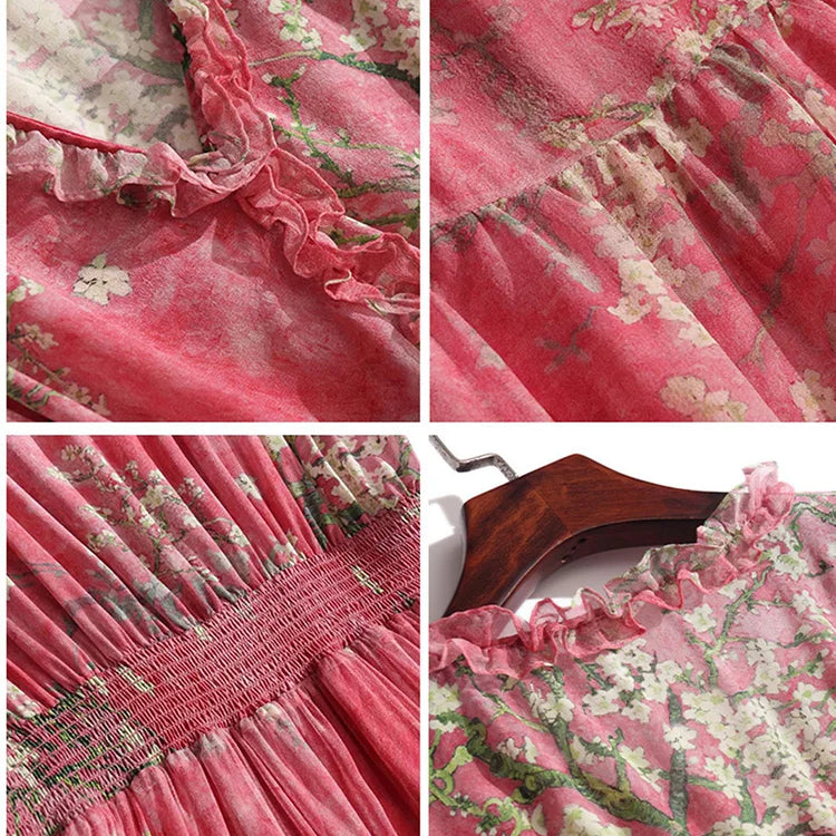 EVNISI Summer Women Boho Chiffon Dress V-Neck Red Elegant Office Floral Printing A-line Dresses Chic For Women Party Vestido