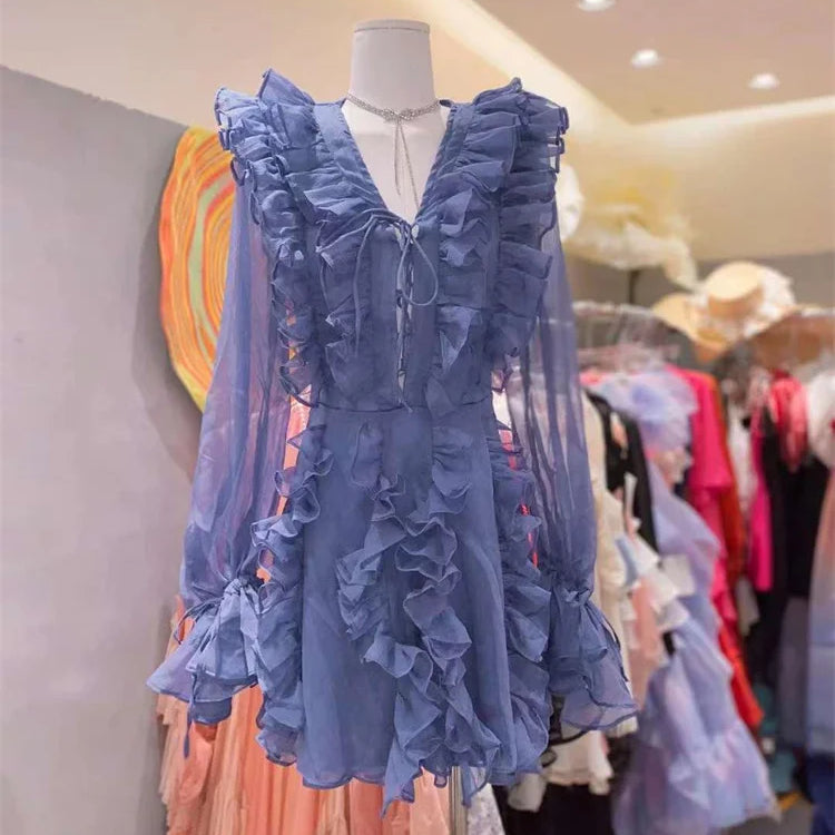 Tossy V-Neck Lace-Up Ruffled Mini Dress For Women Summer Mesh Bandage High Waist Fashion Party Dress Gown Female Mini Dress 2024 Sky blue
