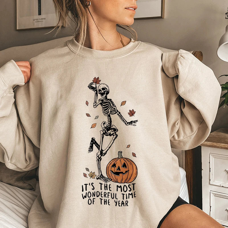 Halloween Skeleton & Pumpkin Print Sweatshirts Casual Long Sleeve Crew Neck Sweatshirt Women's Plus Size Clothing Khaki