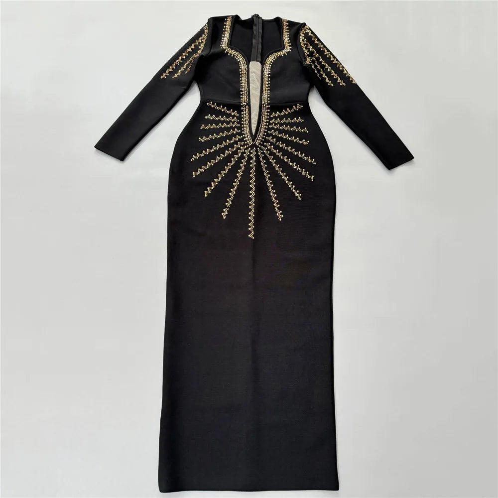 Women Long Sleeve Sexy Shinning Golden Rhinestones Bodycon Long Bandage Dress Celebrate Nightclub Party Outfit