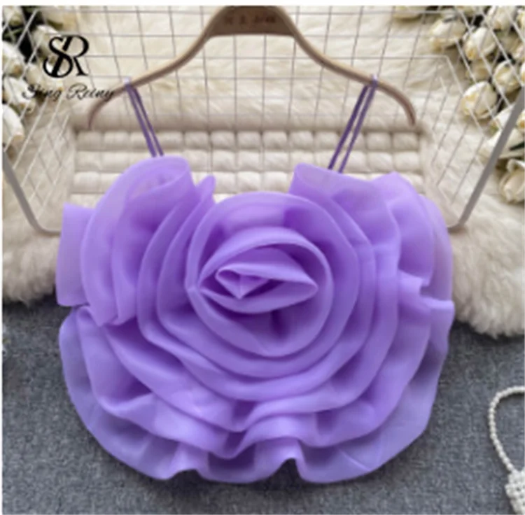 SINGREINY Female 3D Flowers Vacation Style Sexy Camis Summer Design Sheath Tops Women Solid Slim Short Streetwear Beach Camisole purple One Size