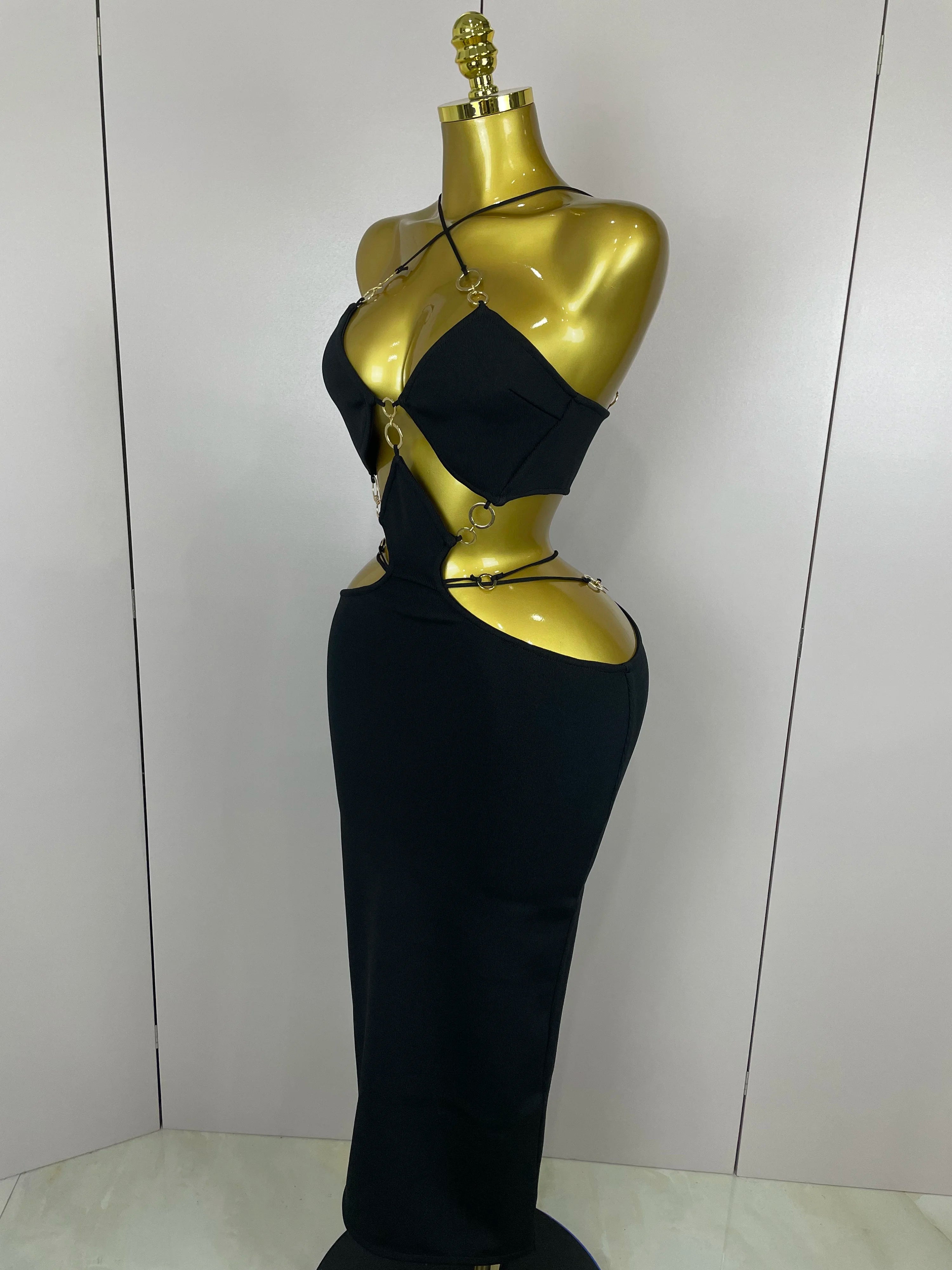 Sexy Halter Hollow Out  Sleeveless Black Red Bodycon Long Bandage Dress 2025 Women Celebate Elegant Luxury Birthday Club Dress