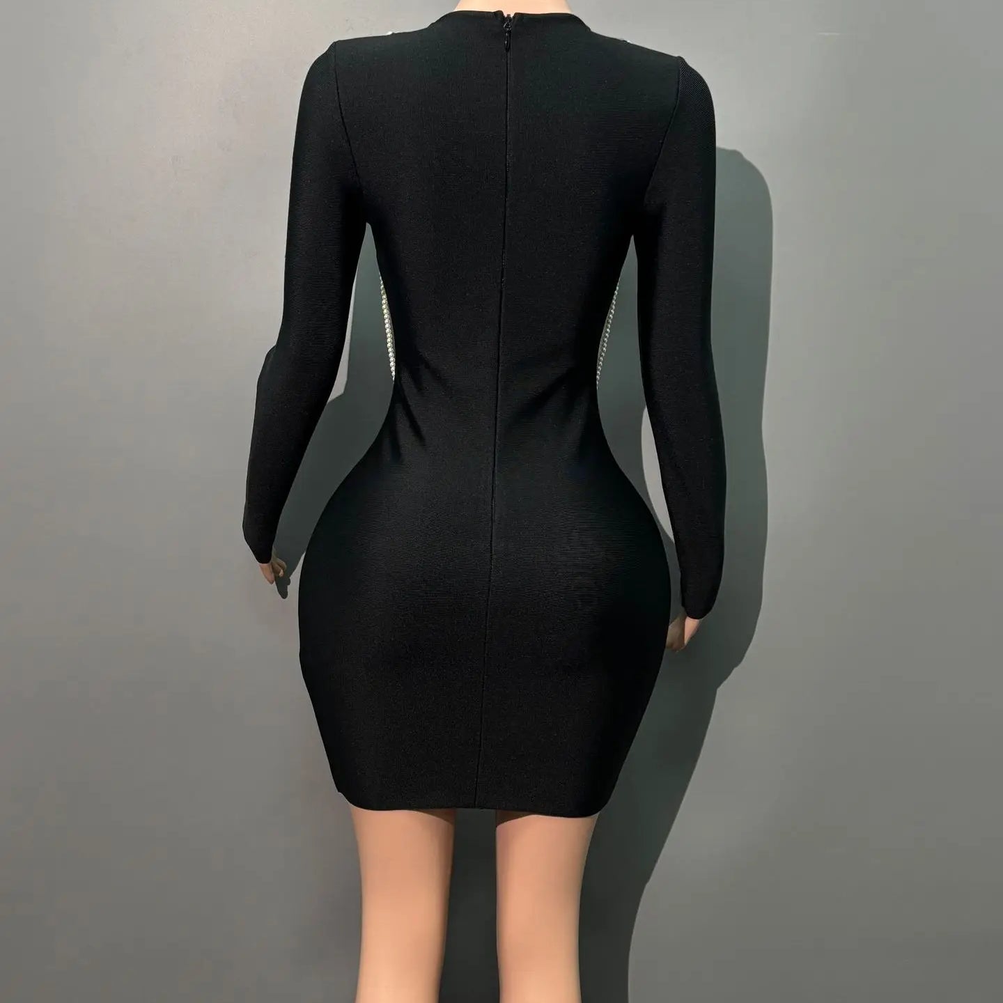 Black Color Women Long Sleeve Pearl Beading Bodycon Mini Bandage Dress Nightclub Party Celebrate Birthday Vacation Outfit