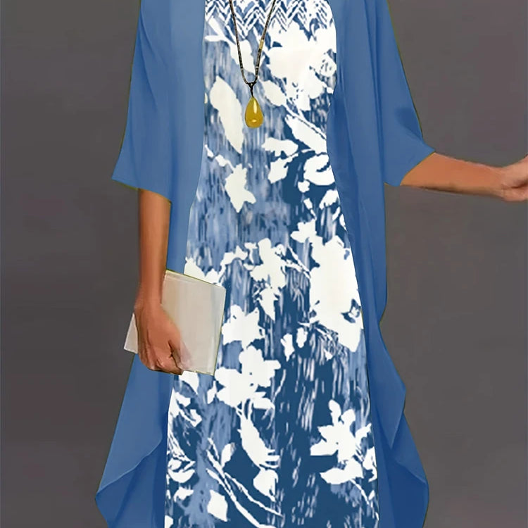 Plus Size 2024 Autumn Women's Floral Printed Long Dress Printed Pattern Two-piece Dress Round Neck Temperament Elegant Dress