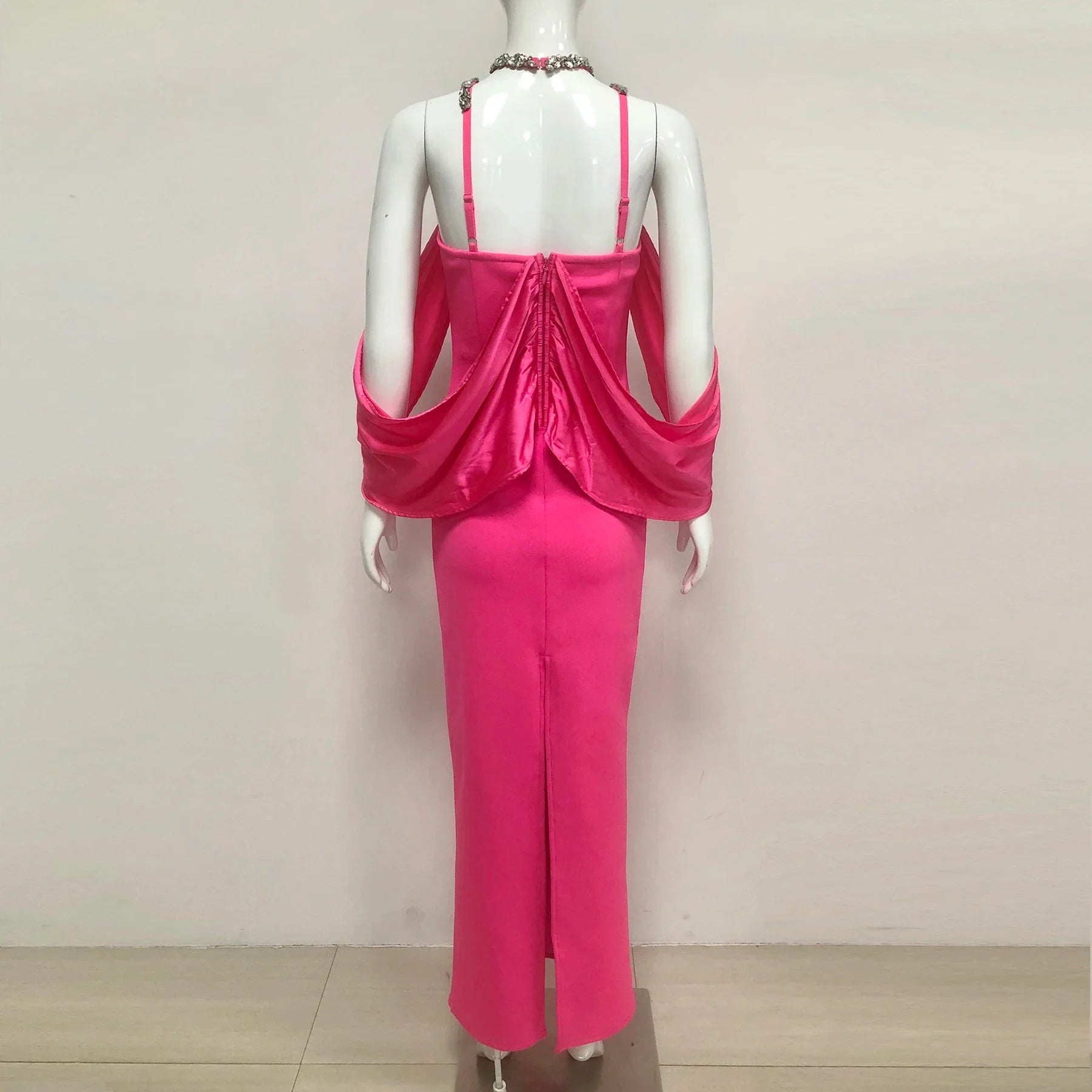 Women Celebrity Sexy Key Hole Beading Diamonds Pink Maxi Long Bodycon Bandage Dress  Elegant Evening Club Party Dress