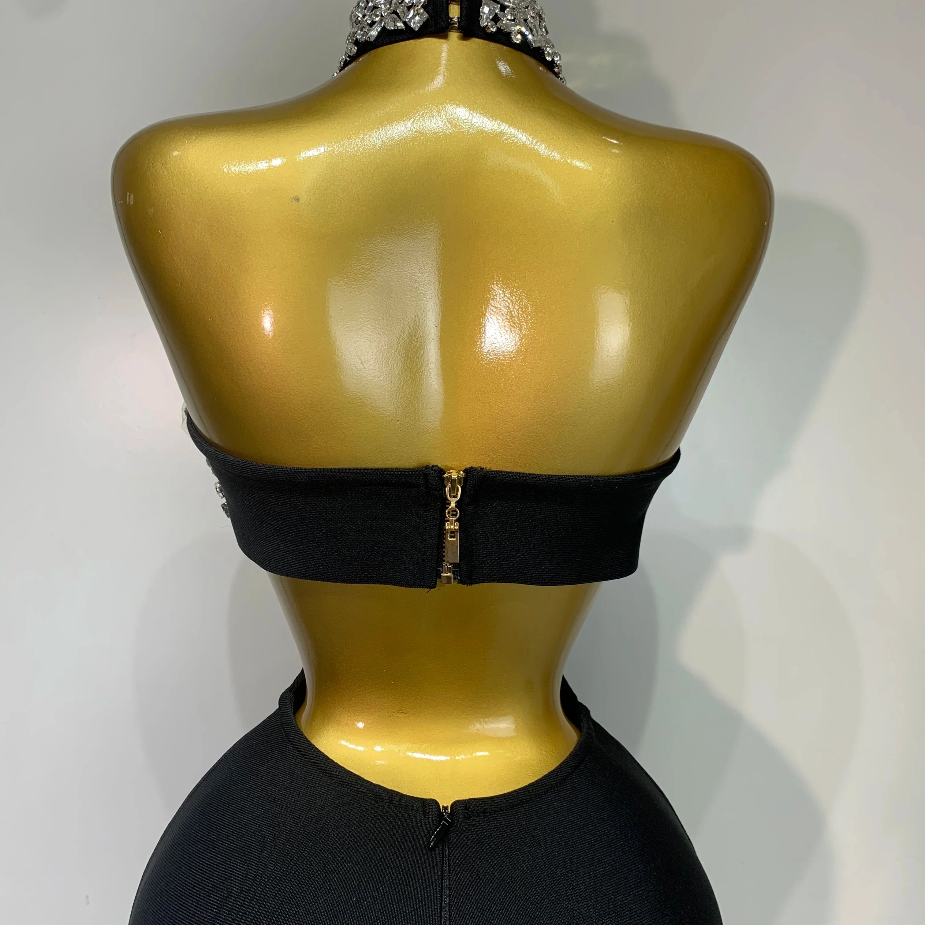 Women Sexy Backless Sparkly Crystal Diamonds Black Bodycon Bandage Dress Celebrity Elegant Evening Club Party Birthday Dresses