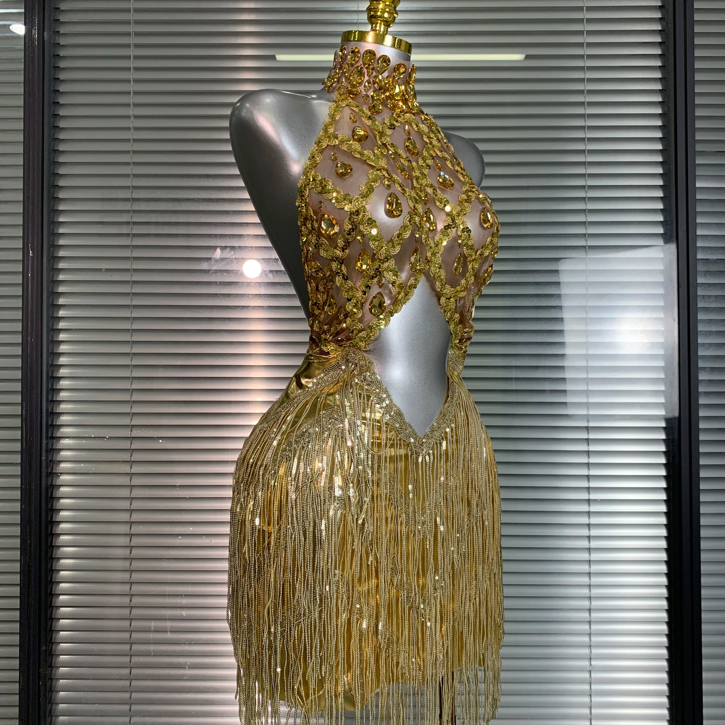 Women Sexy Mesh Tassel Crystal Diamonds Mini Performance Costume Stage Dancer See Through Stretchy Gold Night Club Party Dress